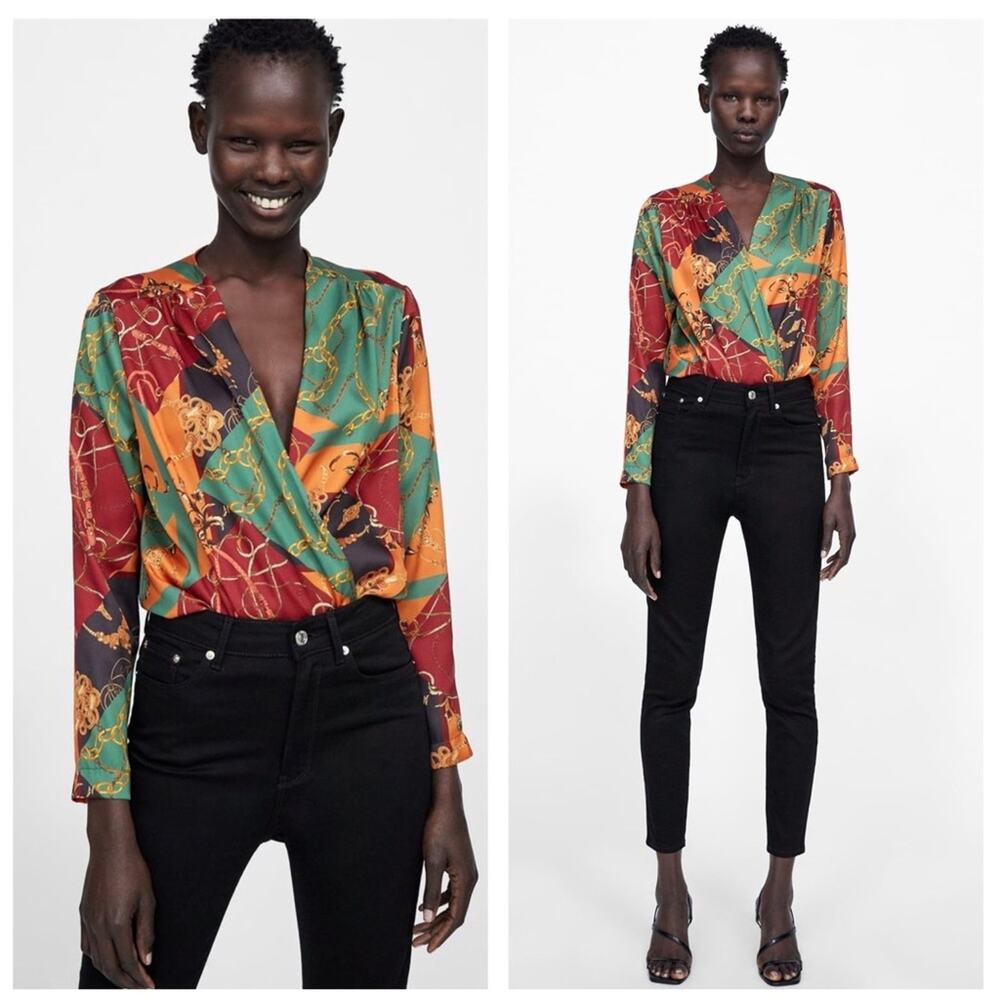 Zara Chain Versace Wrap Bodysuit Small Colorful Chic Maximalist Preppy